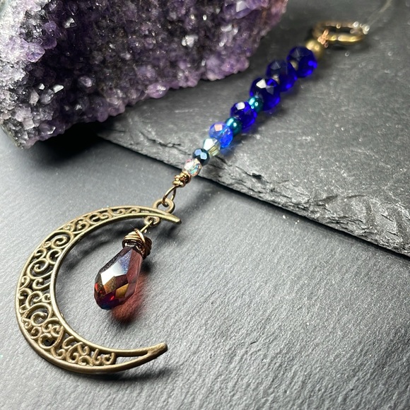 Elegant Bronze Crescent Moon Pendant Blue Glass Crystal Suncatcher - Picture 1 of 8